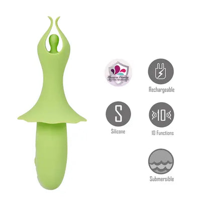 Green Sienna Vibrator next to product details list