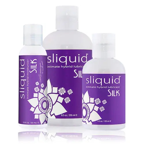 Silk Hybrid Personal Lubricant - three bottles with purple labels
