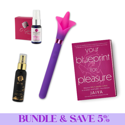 four items - vibrator, o-gel, toy cleaner, and book with banner at the bottom that says bundle and save 5 percent