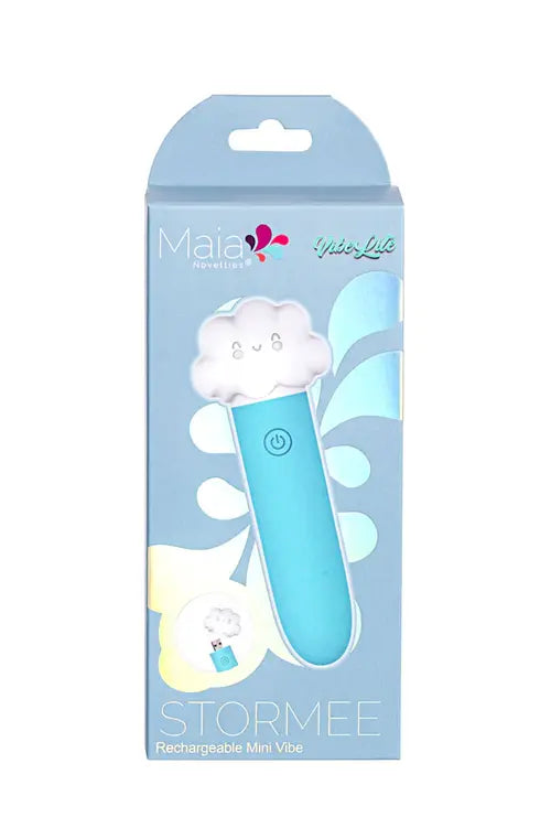 STORMEE mini vibrator in blue package against white background