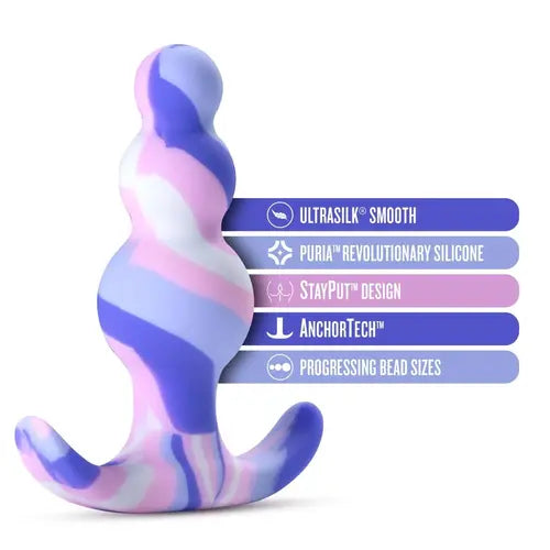 marbled purple and pink butt plug with product details