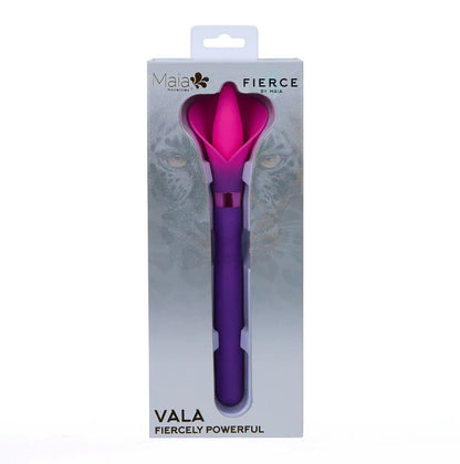 VALA flower vibrator - purple toy with pink in silver package with fierce jaguar eyes