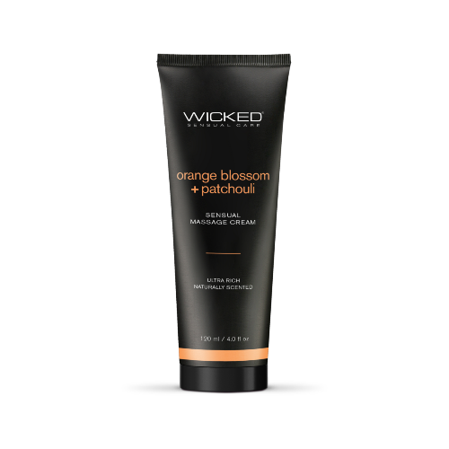 orange blossom and patchouli massage cream - black with orange text - white background