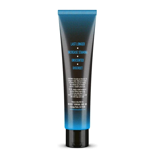 overtime delay cream 1 fluid ounce tube - black and blue tube against white background