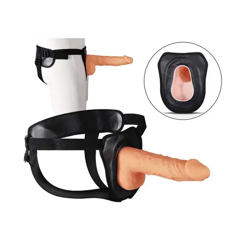 Erection Assistant realistic dildo and harness - image of harness on mannequin and closeup of hollow opening