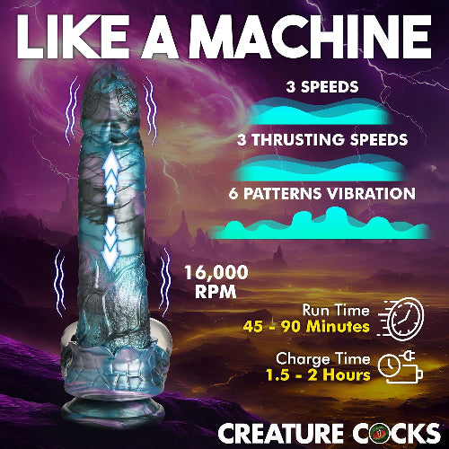 astro thrust dildo against stormy purple background with product specifications