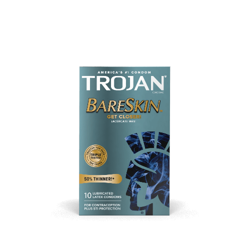 Trojan Bareskin Condoms gray box with white and gold lettering - front