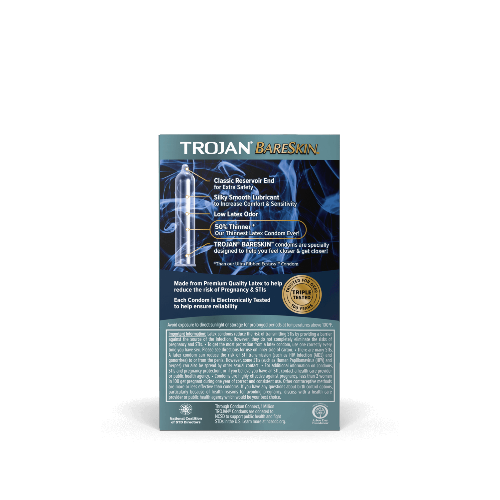 Trojan Bareskin Condoms back of package - gray with white and gold lettering