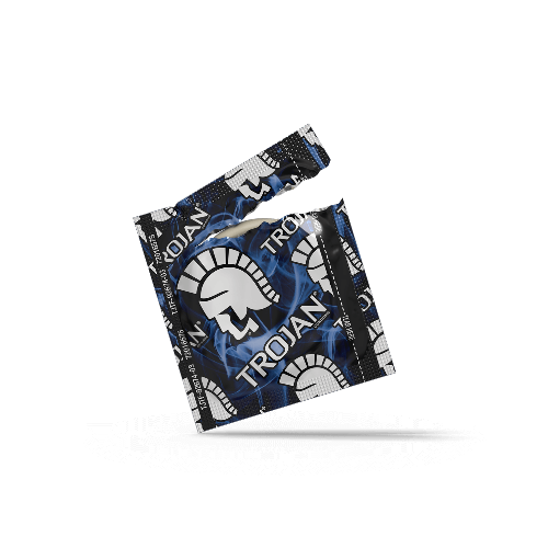 Trojan bareskin condom - blue and black wrapper - open