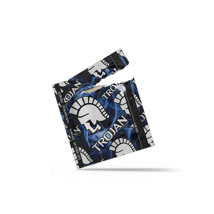Trojan bareskin condom - blue and black wrapper - open