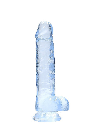 eight inch blue crystal dildo against white background
