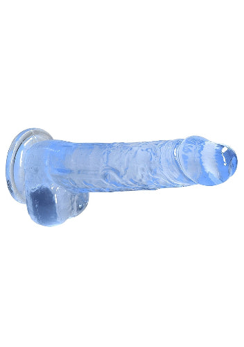 eight inch blue crystal dildo against white background