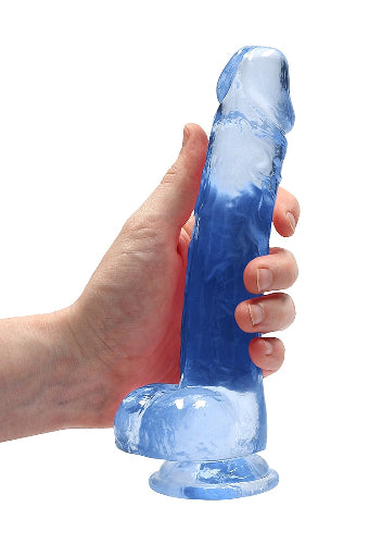 hand cradling 8 inch blue crystal dildo