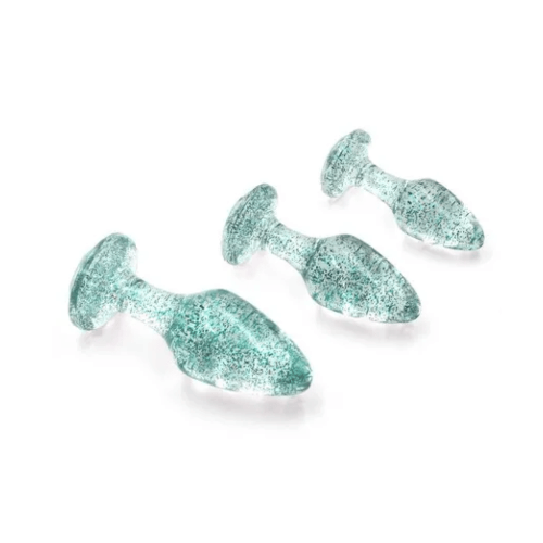 three blue glitter butt plugs against white background