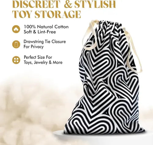 Bomba design black and white cotton drawstring sex toy storage bag next to product details