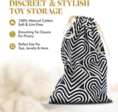 Bomba design black and white cotton drawstring sex toy storage bag next to product details