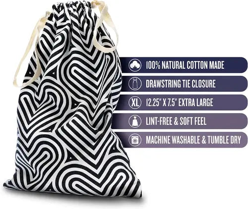 Bomba design black and white cotton drawstring sex toy storage bag - drawstring bag on left and product details on right