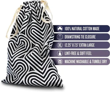 Bomba design black and white cotton drawstring sex toy storage bag - drawstring bag on left and product details on right