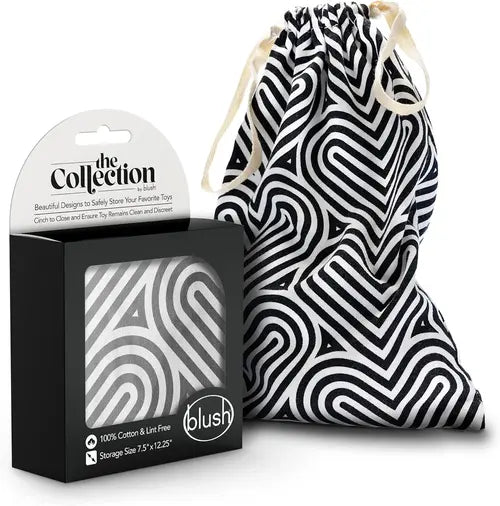 Bomba design black and white cotton drawstring sex toy storage bag - packaging on left and bag on right