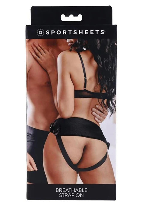 breathable harness in package with image of bondage couple