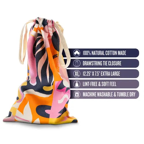 The Collection Cotton Drawstring Sex Toy Bag in Colorful Burst print next to product details