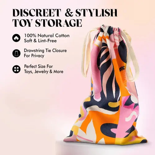 The Collection Cotton Drawstring Sex Toy Bag in Colorful Burst print next to product details