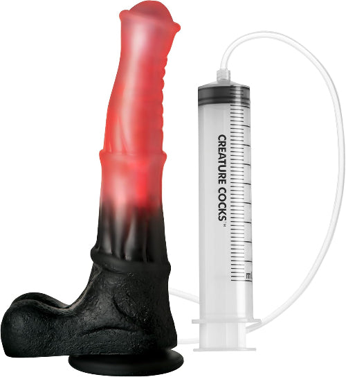 centaur squirting dildo - dildo on the left with syringe and hose on the right