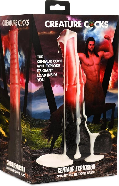 centaur squirting dildo packaging with image of squirting dildo and centaur flexing muscles