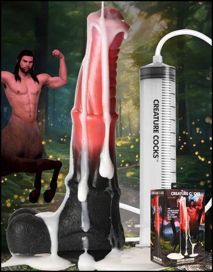 centaur squirting dildo - image of dildo with liquid oozing out - centaur flexing muscles in background