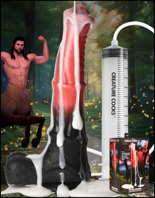 centaur squirting dildo - image of dildo with liquid oozing out - centaur flexing muscles in background