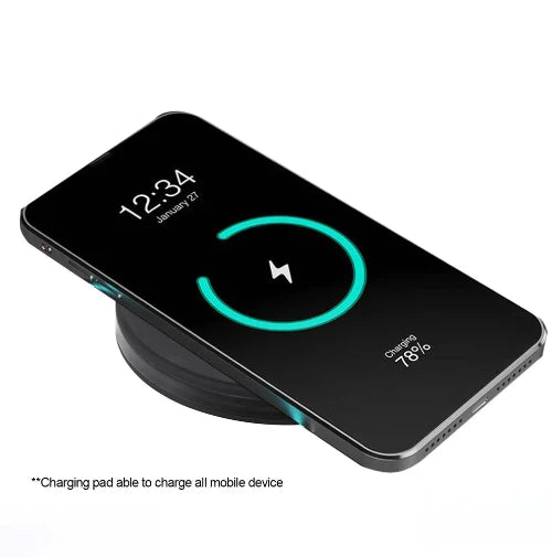 smart phone on top of round maia wireless charging base