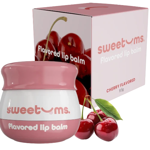 Pink and white lip balm with cherry flavor packaging and cherries around on a white background
