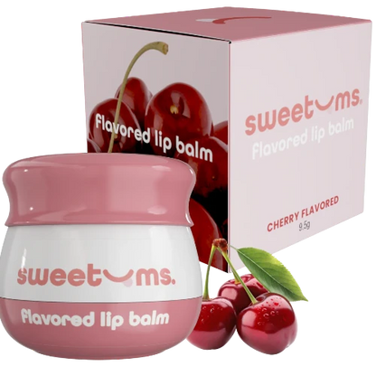 Pink and white lip balm with cherry flavor packaging and cherries around on a white background