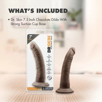 chocolate dildo in package with text indicated that dildo with suction cup base is included