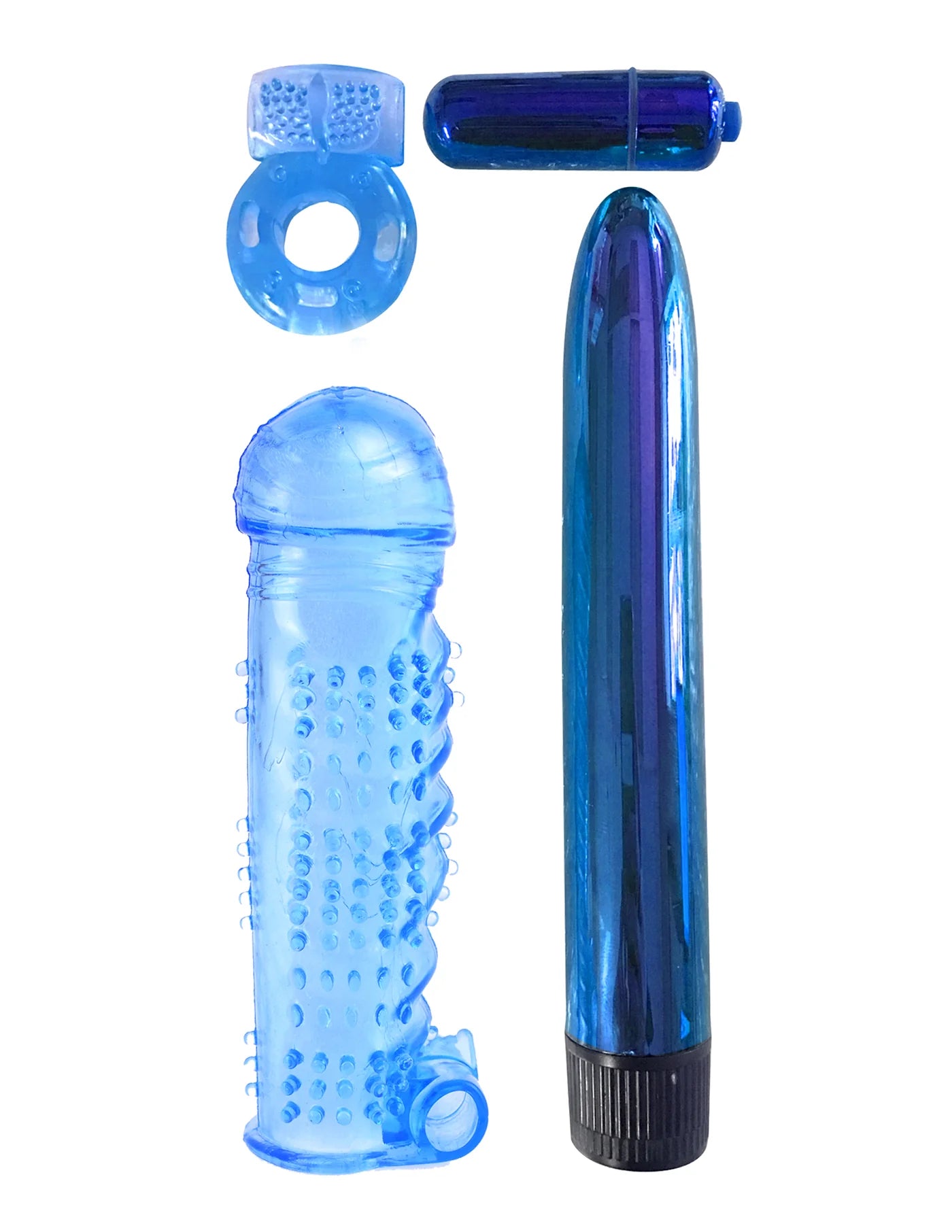 Classix sex toy kit - features vibrator, bullet vibrator, cock ring, and sleeve - blue sex toys against white background