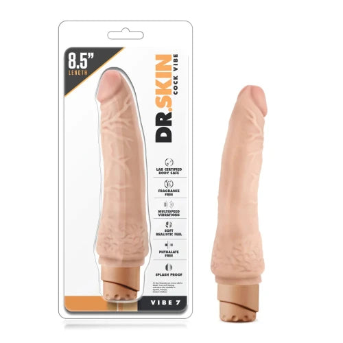 dr skin vibrating dildo in black white and orange package