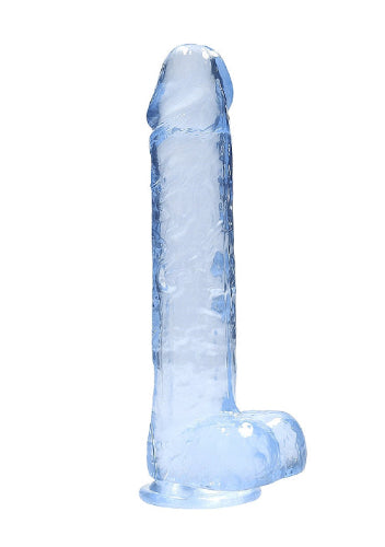 crystal blue dildo against white background