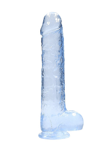 crystal blue dildo side view against white background