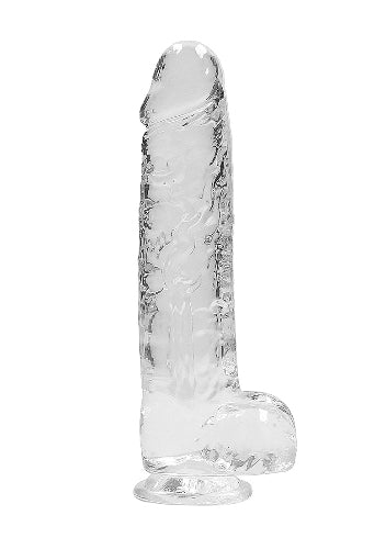 crystal clear dildo side view against white background