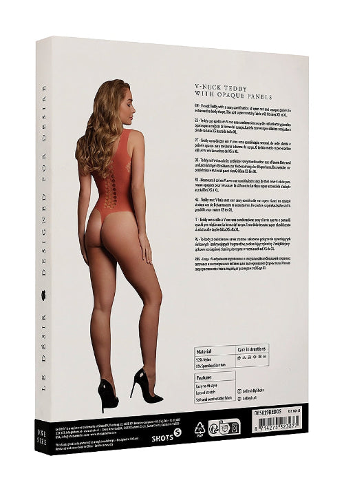 dark peach lingerie packaging featuring woman showing back of bodysuit - back