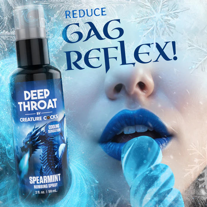 deep throat numbing spray bottle with woman's lips touching icicle