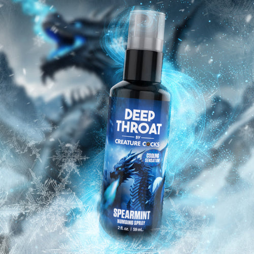 deep throat numbing spray blue bottle against sparkly blue background 