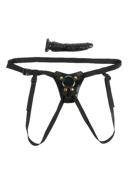 Fetish Fantasy Gold - Designer Strap On - black dildo and black harness with gold accents