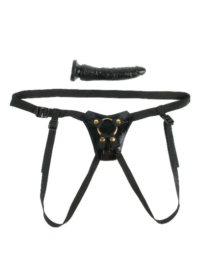 Fetish Fantasy Gold - Designer Strap On - black dildo and black harness with gold accents