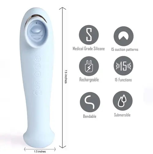 Blue DESTINY clitoral suction vibrator next to details