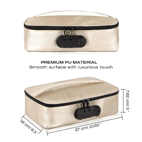 discreet box luxury gold with dimensions against white background