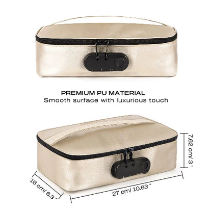 discreet box luxury gold with dimensions against white background