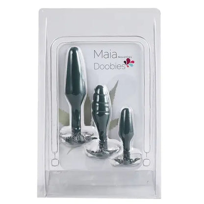 DOOBIE anal trainer kit - 3 dark green anal plugs in small, medium, and large in white package