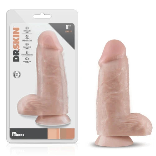 dr Chubbs large dildo in white and black package against white background