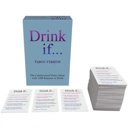 Drink If Taboo Version - gray box with purple lettering and stacks of cards